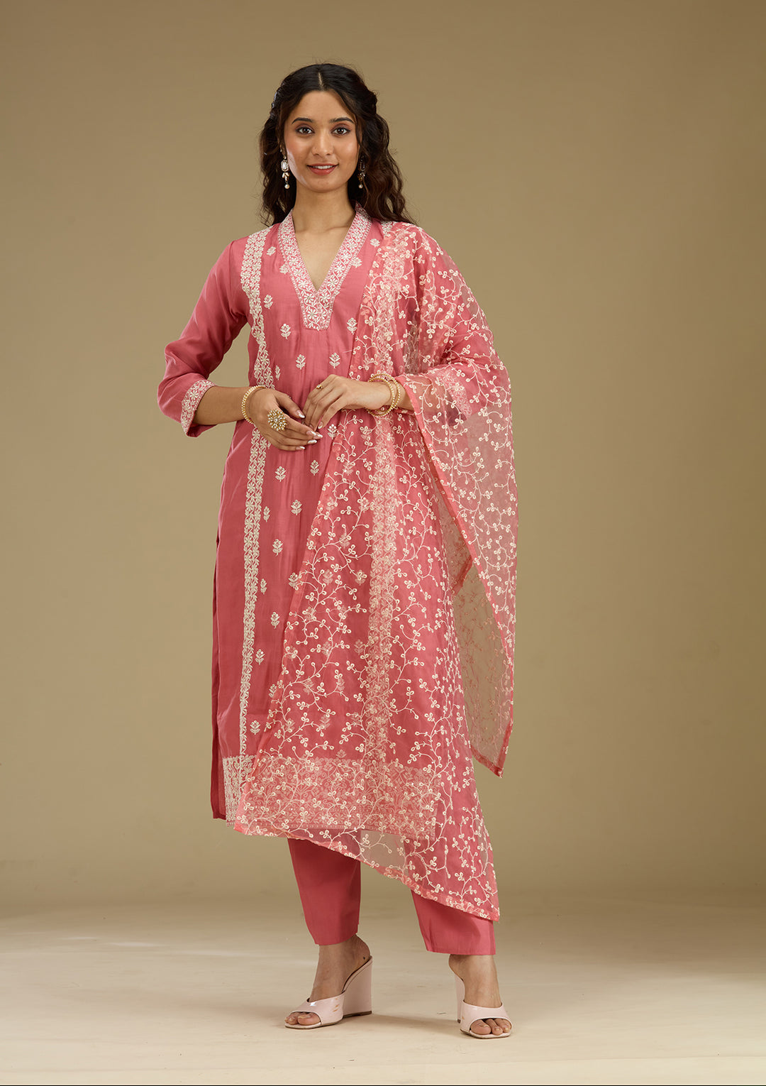 Onion Pink Threadwork Semi Crepe Readymade Salwar Suit