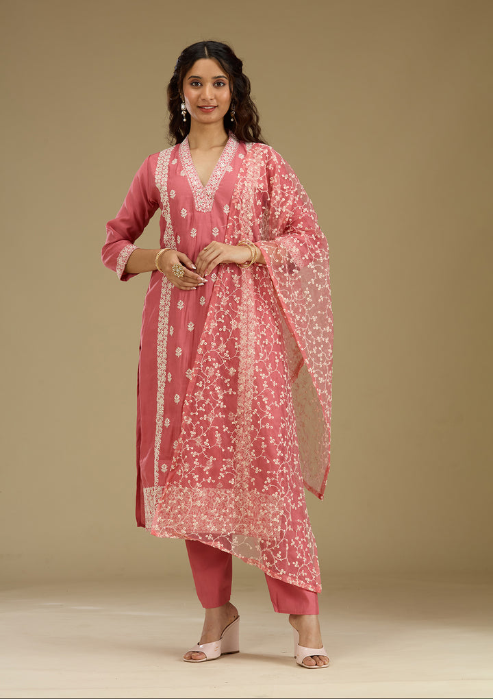 Onion Pink Threadwork Semi Crepe Readymade Salwar Suit