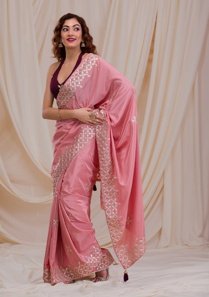 Onion Pink Gotapatti Semi Crepe Saree-Koskii