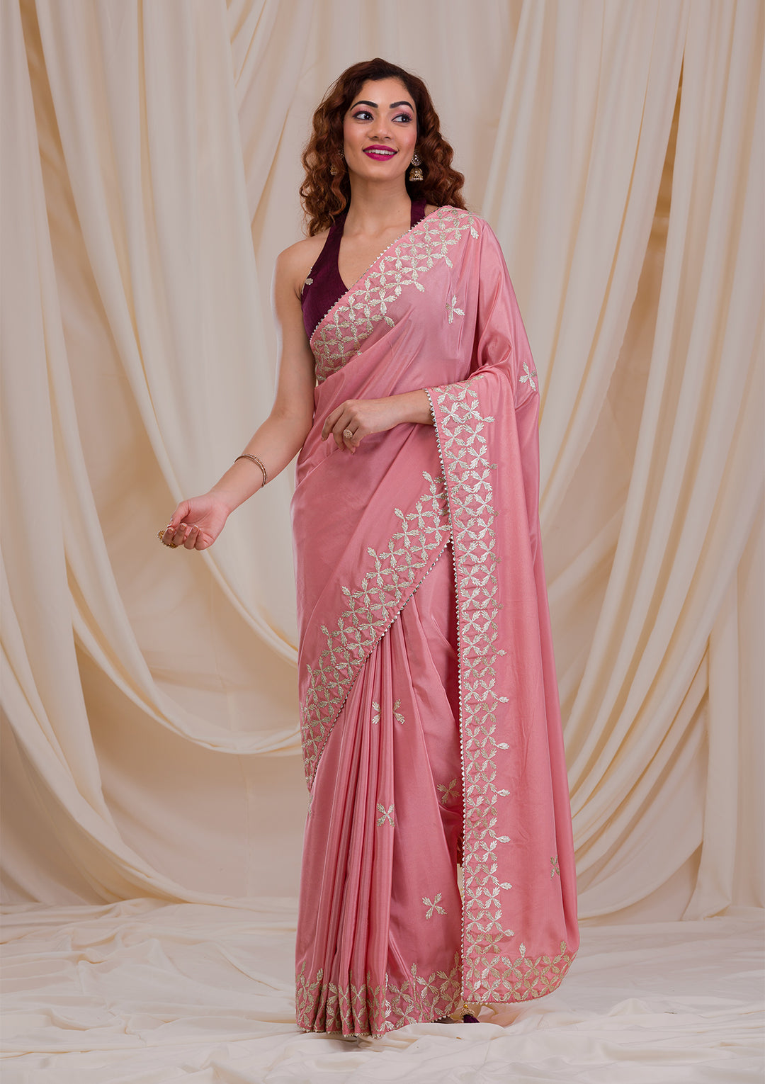 Onion Pink Gotapatti Semi Crepe Saree