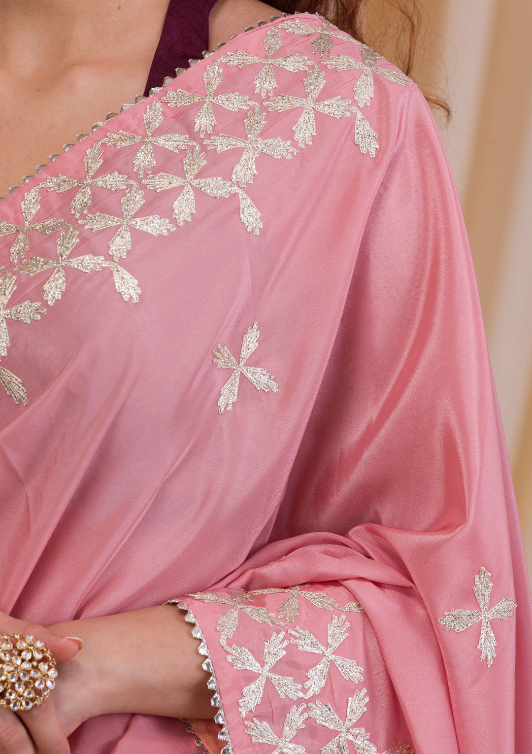 Onion Pink Gotapatti Semi Crepe Saree