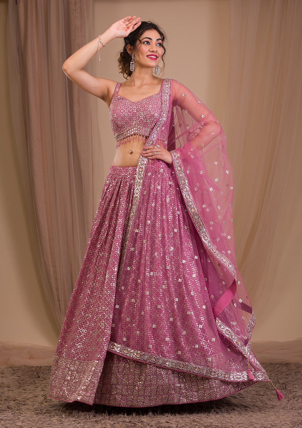 Buy Onion Pink Sequins Georgette Readymade Lehenga - Koskii