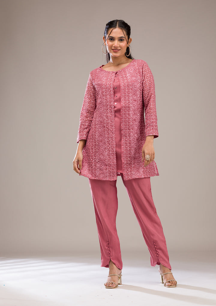 Onion Pink Threadwork Georgette Readymade Salwar Suit