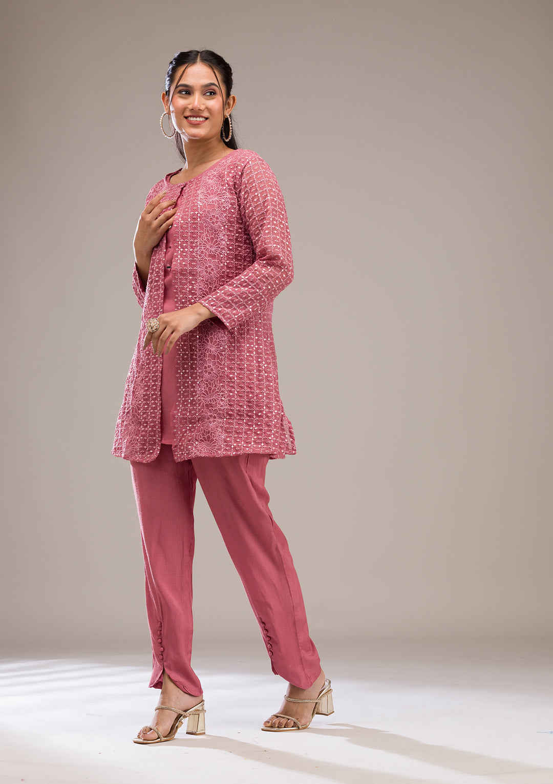 Onion Pink Threadwork Georgette Readymade Salwar Suit