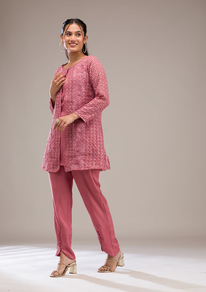 Onion Pink Threadwork Georgette Readymade Salwar Suit