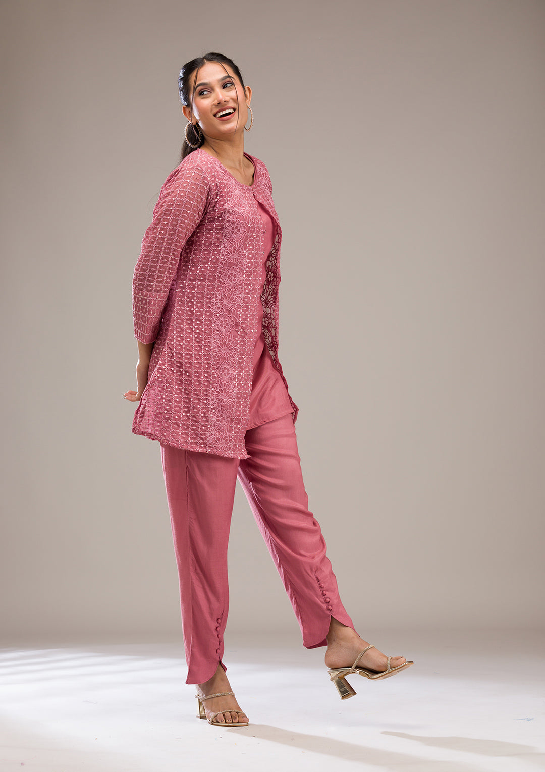 Onion Pink Threadwork Georgette Readymade Salwar Suit