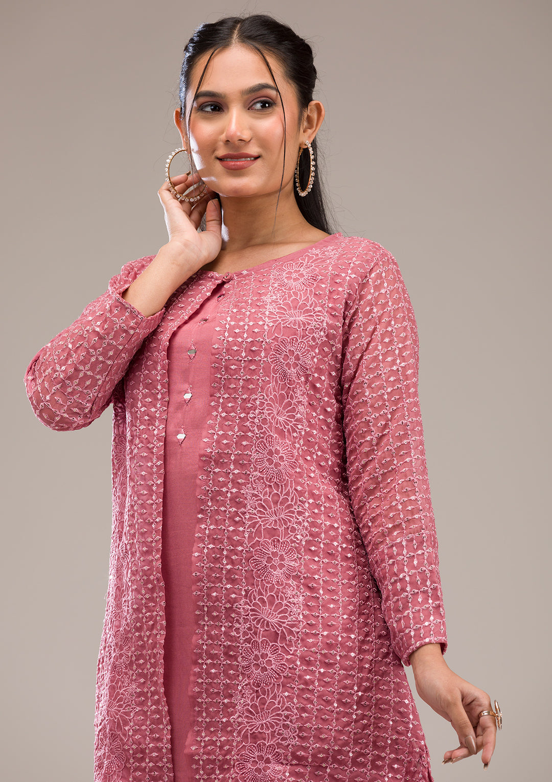 Onion Pink Threadwork Georgette Readymade Salwar Suit
