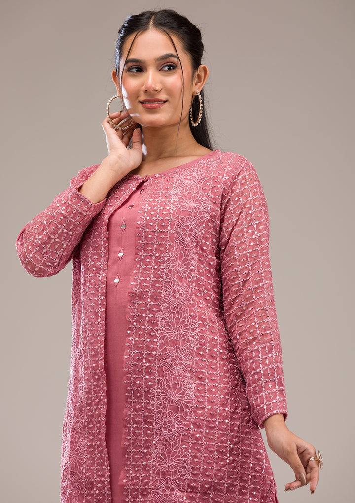 Onion Pink Threadwork Georgette Readymade Salwar Suit