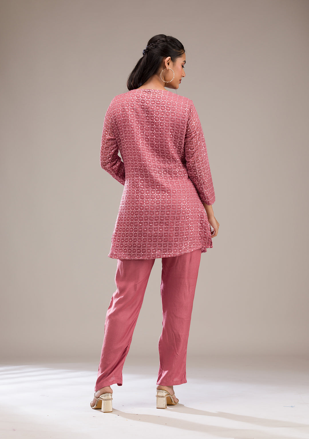 Onion Pink Threadwork Georgette Readymade Salwar Suit