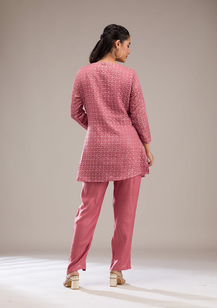 Onion Pink Threadwork Georgette Readymade Salwar Suit