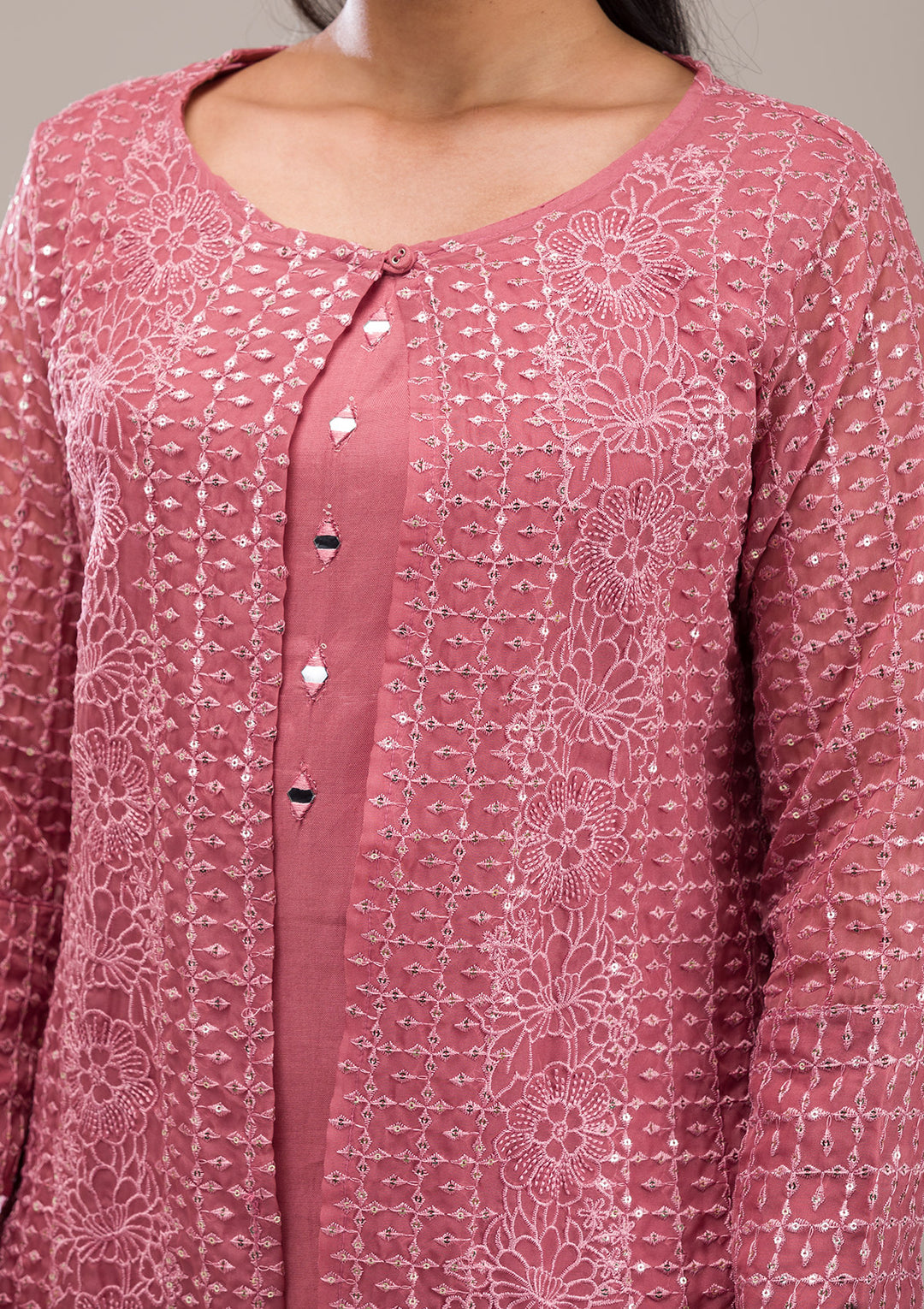 Onion Pink Threadwork Georgette Readymade Salwar Suit