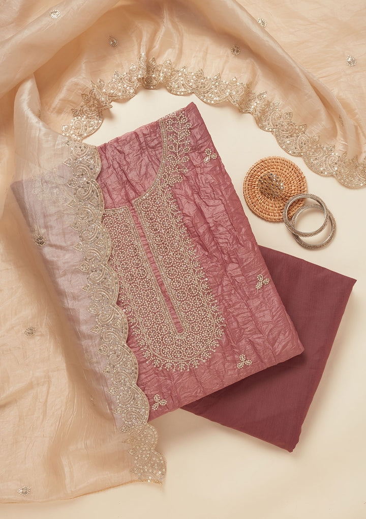 Onion Pink Threadwork Semi Crepe Unstitched Salwar Suit