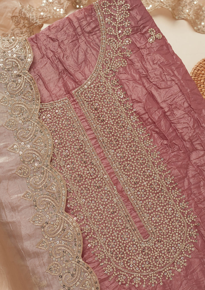 Onion Pink Threadwork Semi Crepe Unstitched Salwar Suit