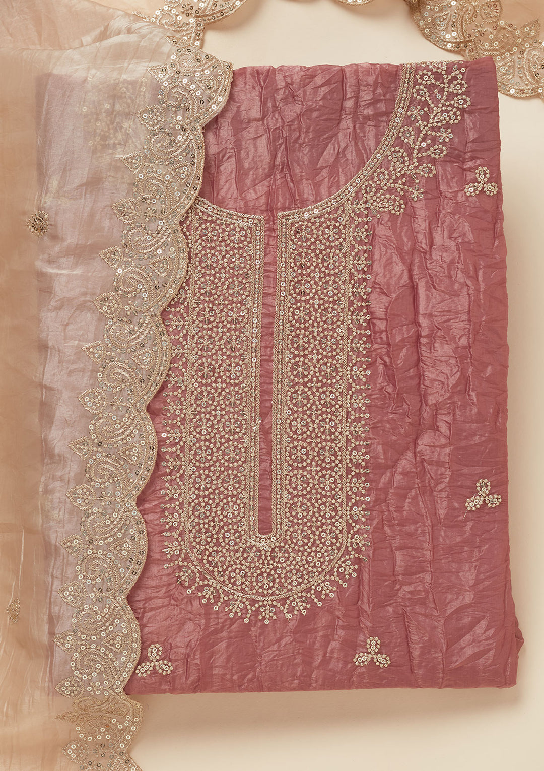 Onion Pink Threadwork Semi Crepe Unstitched Salwar Suit
