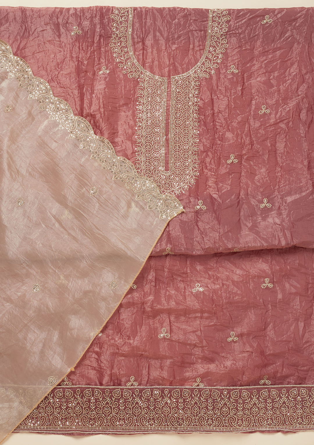 Onion Pink Threadwork Semi Crepe Unstitched Salwar Suit