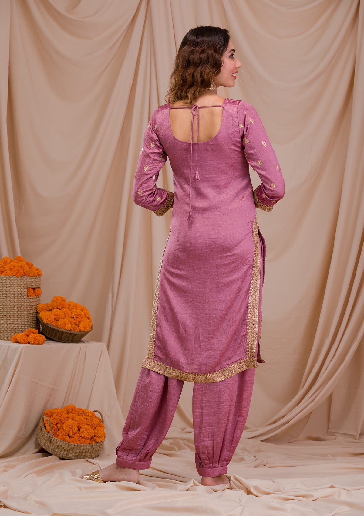 Onion Pink Zariwork Art Silk Readymade Salwar Suit
