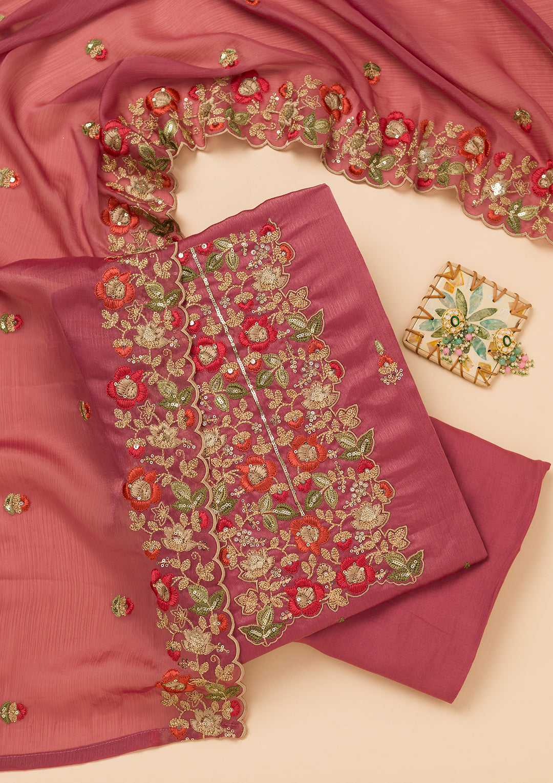 Onion Pink Zariwork Semi Crepe Unstitched Salwar Suit