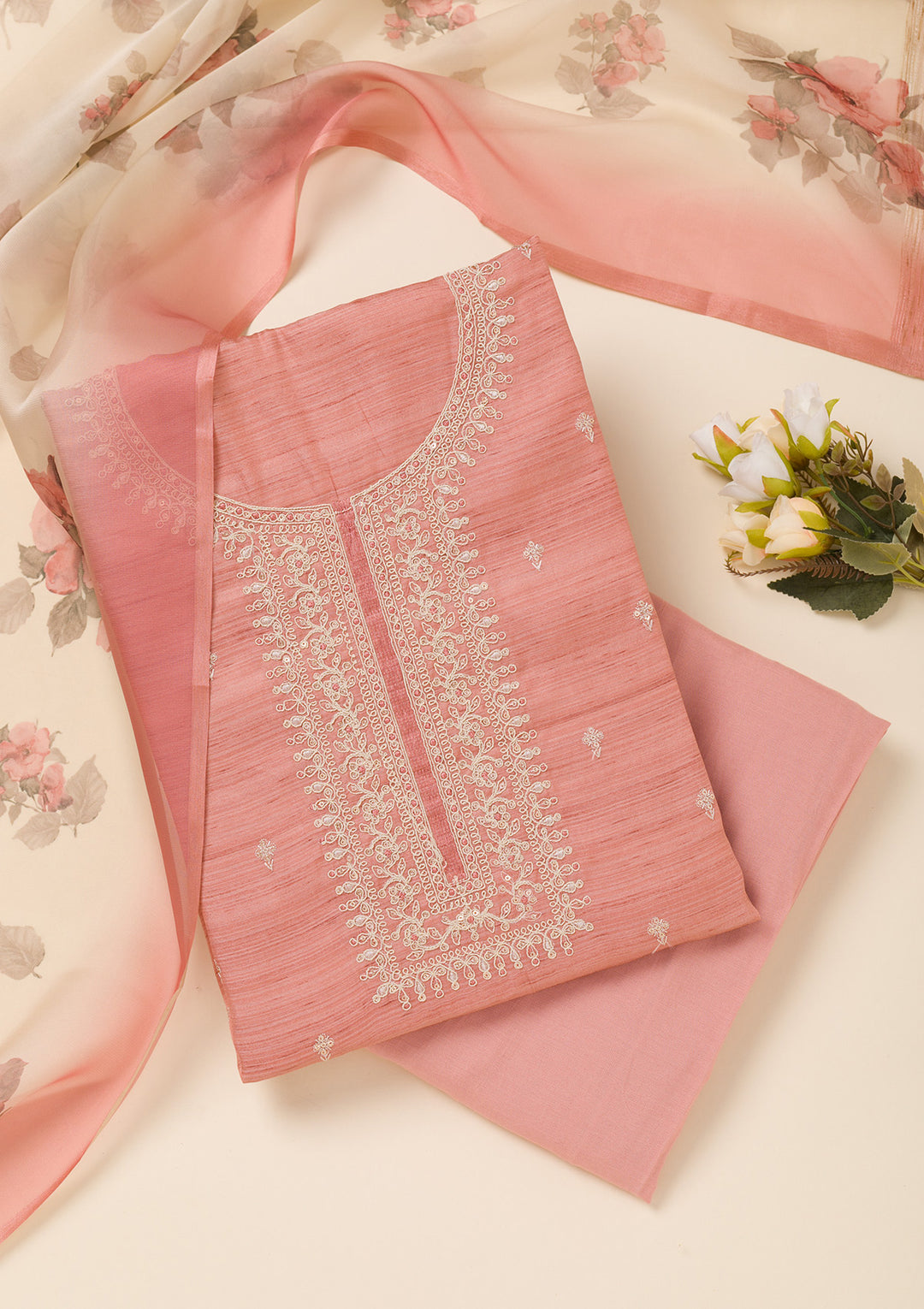 Peach Zariwork Soft Silk Unstitched Salwar Suit