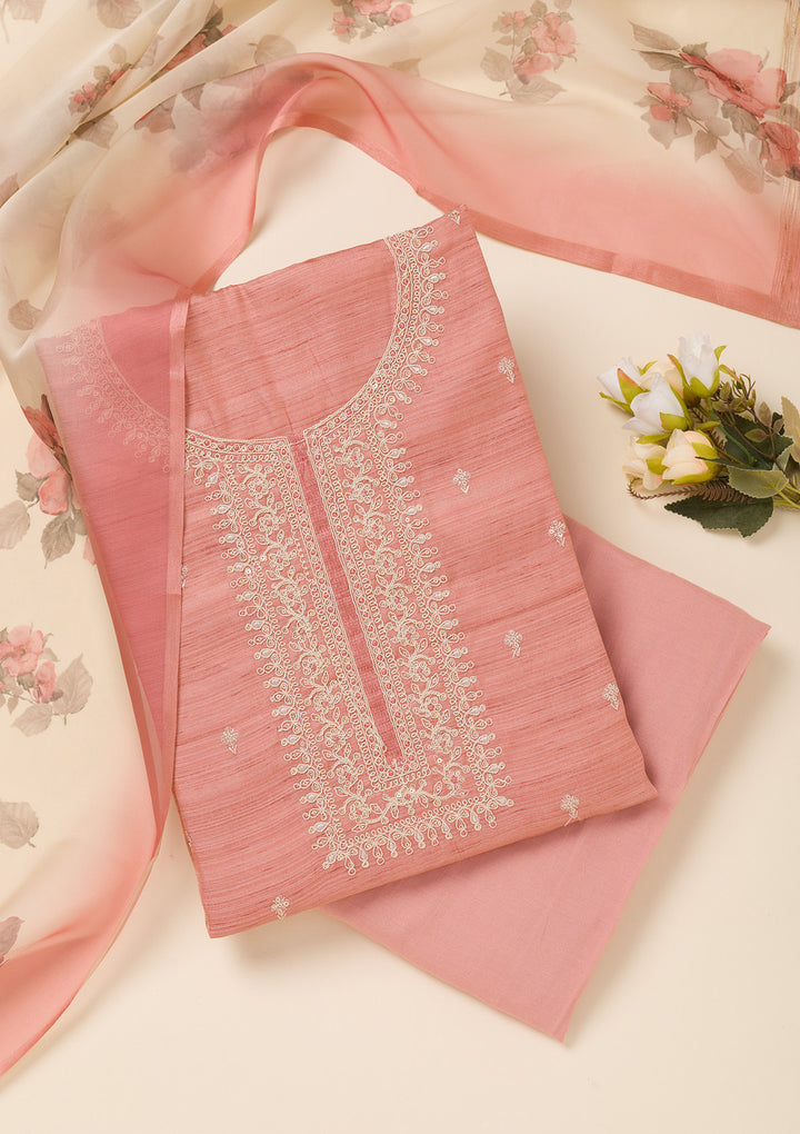 Peach Zariwork Soft Silk Unstitched Salwar Suit