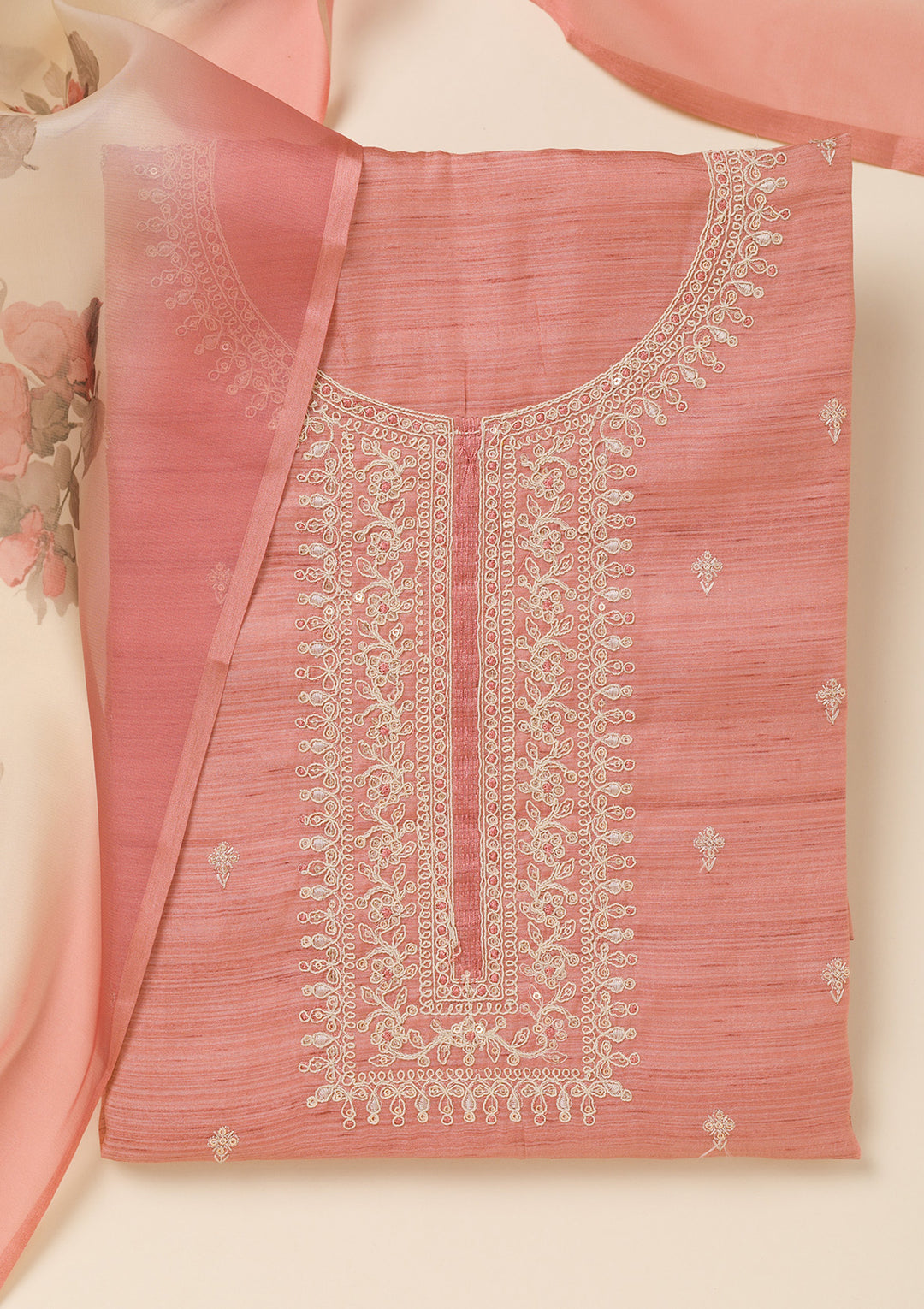 Peach Zariwork Soft Silk Unstitched Salwar Suit