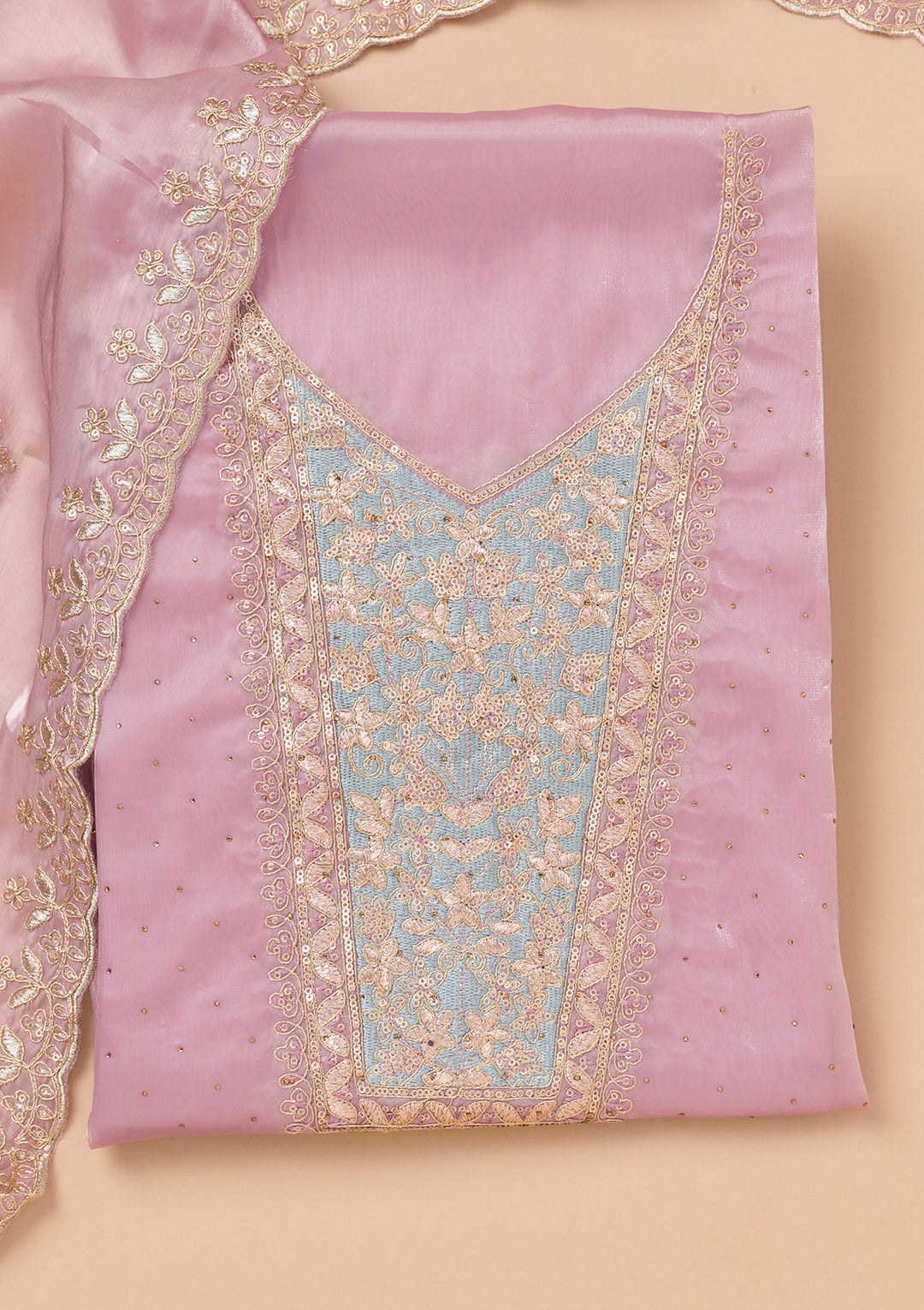 Onion Pink Zariwork Tissue Unstitched Salwar Suit