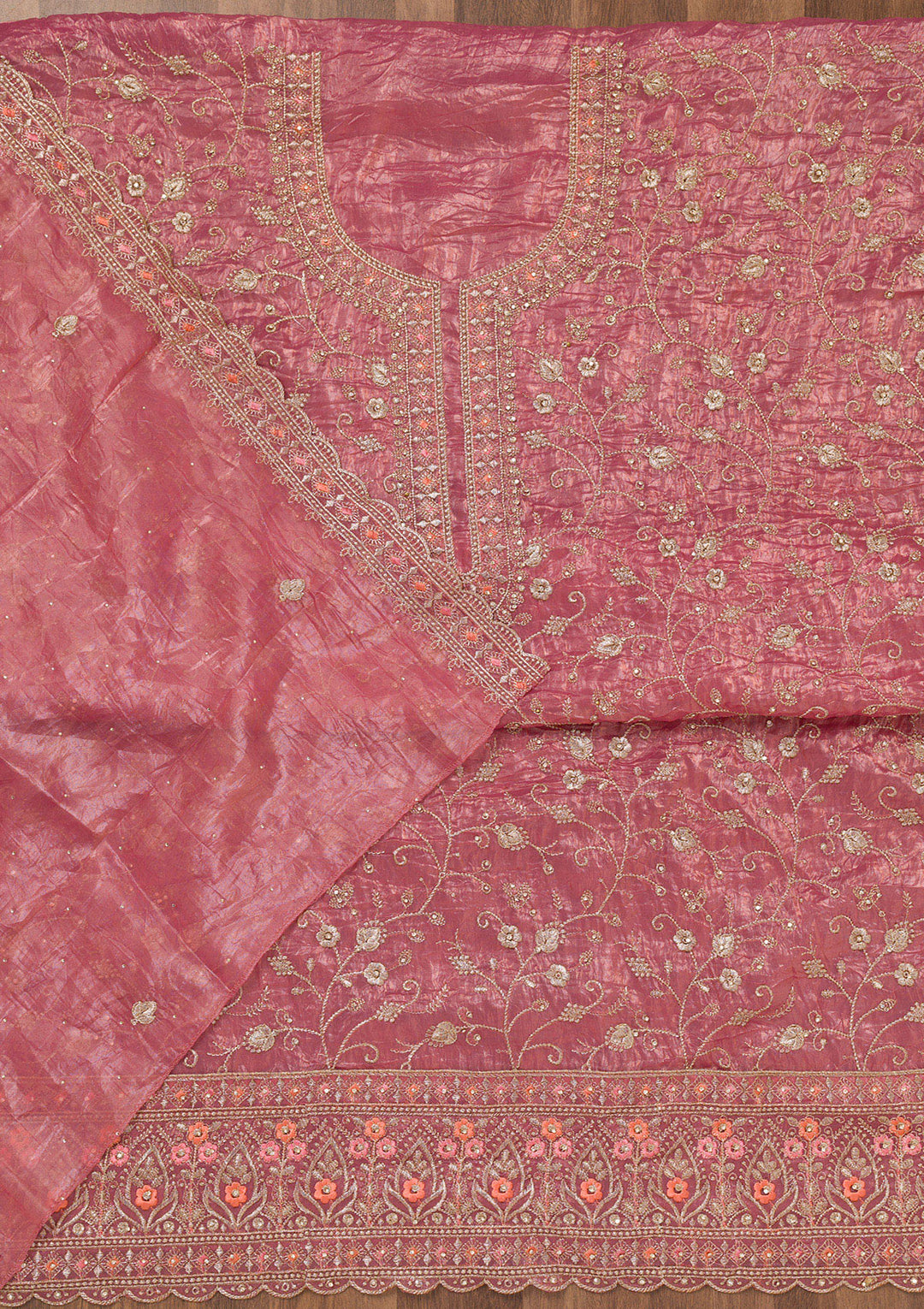 Onion Pink Zariwork Tissue Unstitched Salwar Suit