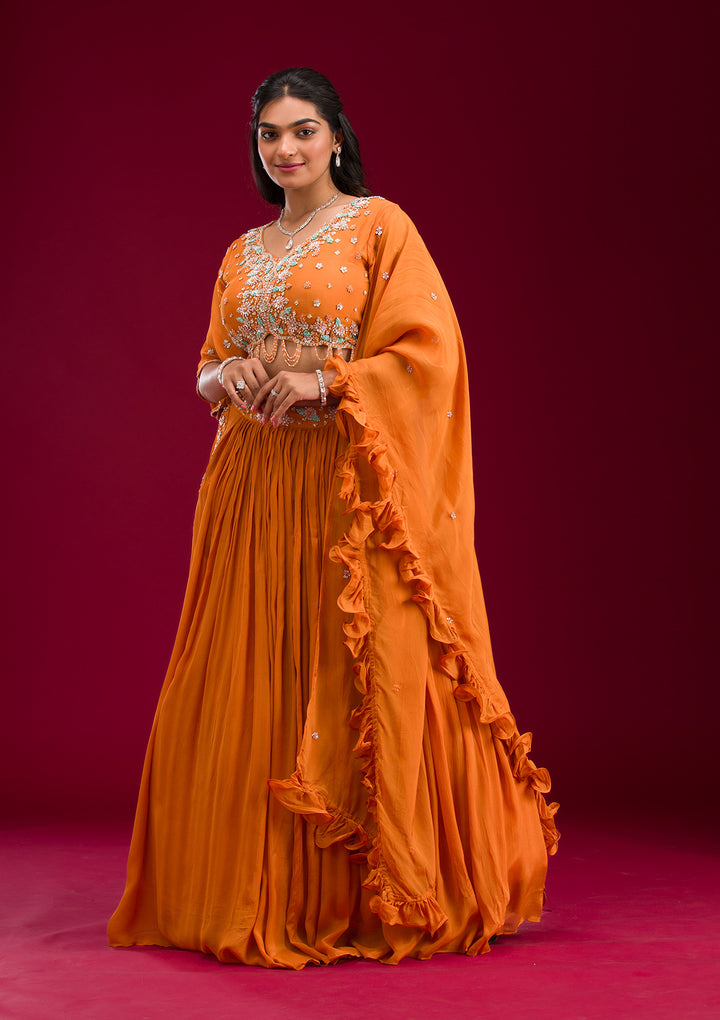 Orange Cutdana Georgette Readymade Lehenga