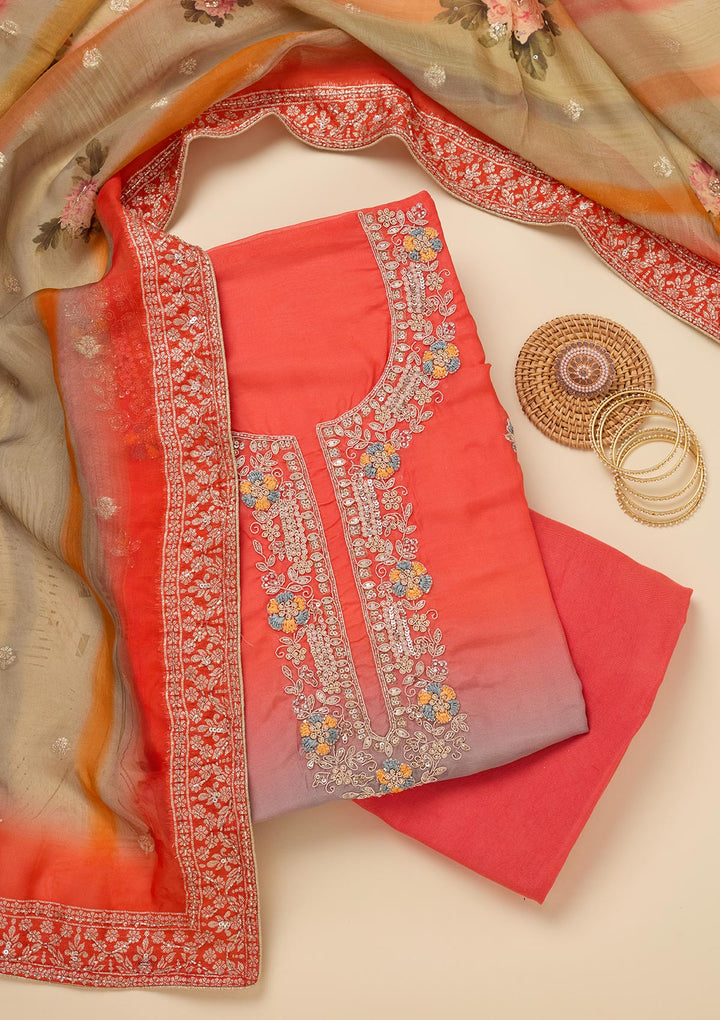 Orange Stonework Semi Crepe Unstitched Salwar Suit