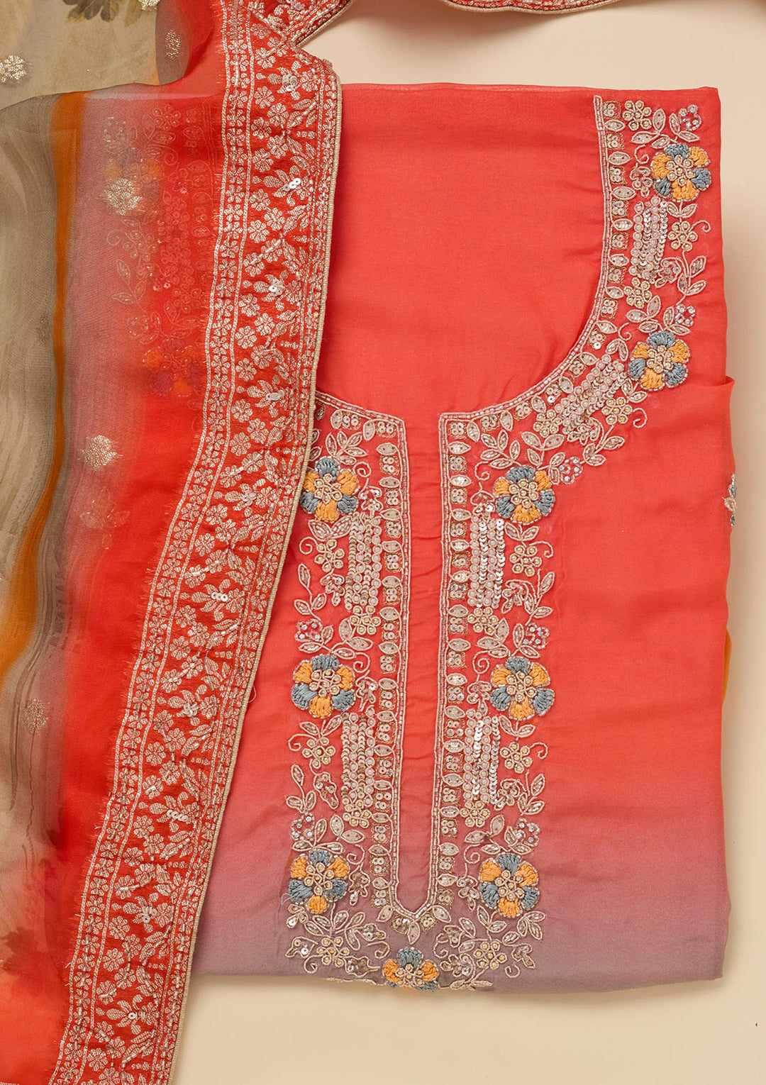 Orange Stonework Semi Crepe Unstitched Salwar Suit