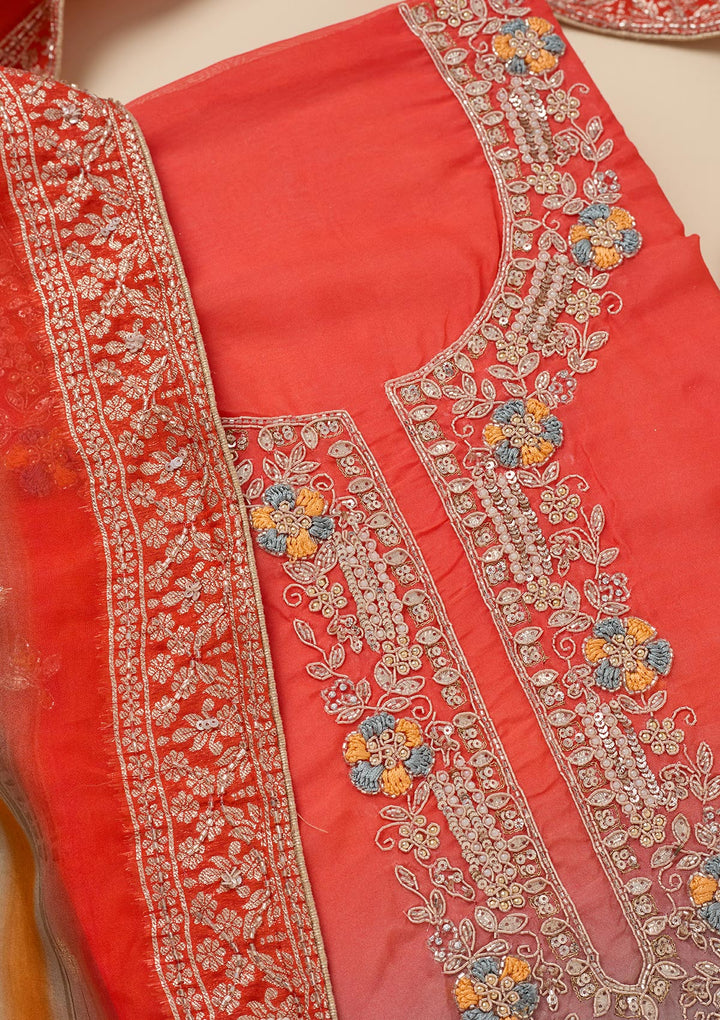 Orange Stonework Semi Crepe Unstitched Salwar Suit