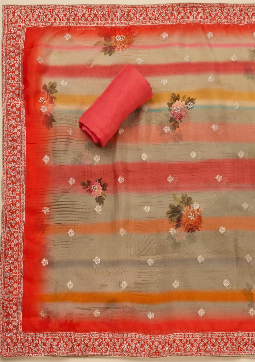 Orange Stonework Semi Crepe Unstitched Salwar Suit