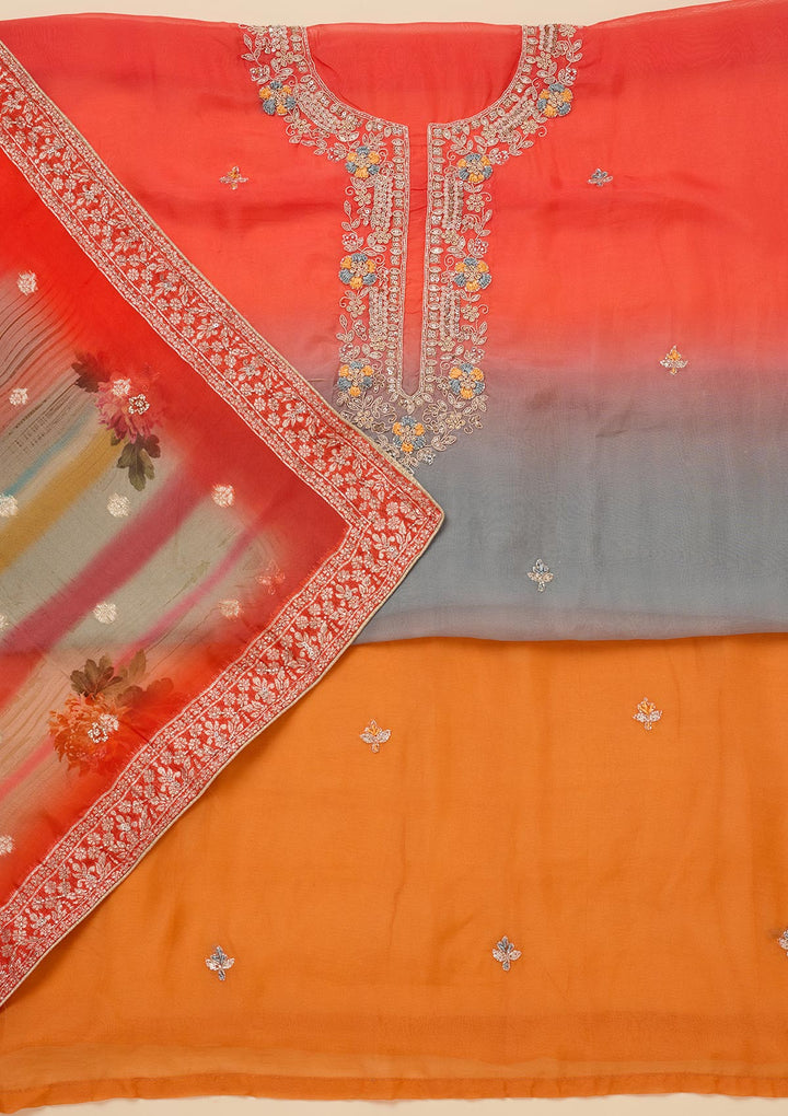 Orange Stonework Semi Crepe Unstitched Salwar Suit