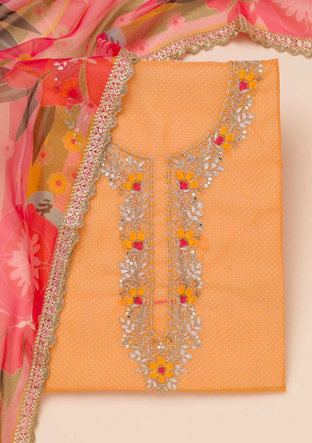 Orange Zariwork Tissue Unstitched Salwar Suit