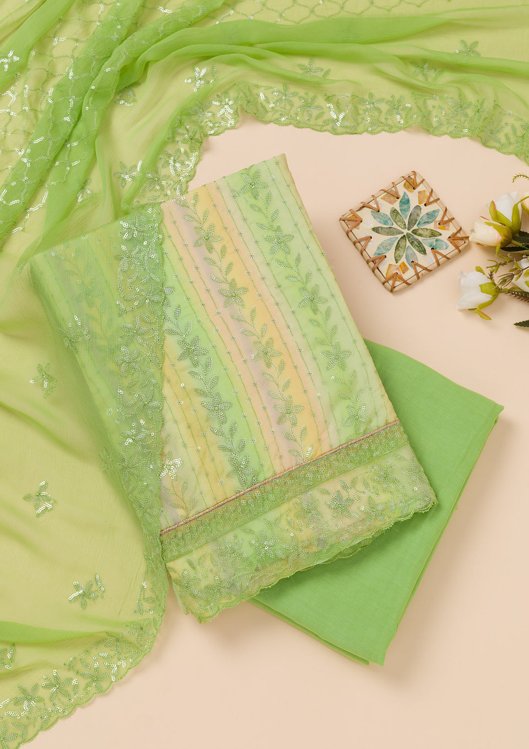 Parrot Green Sequins Georgette Unstitched Salwar Suit