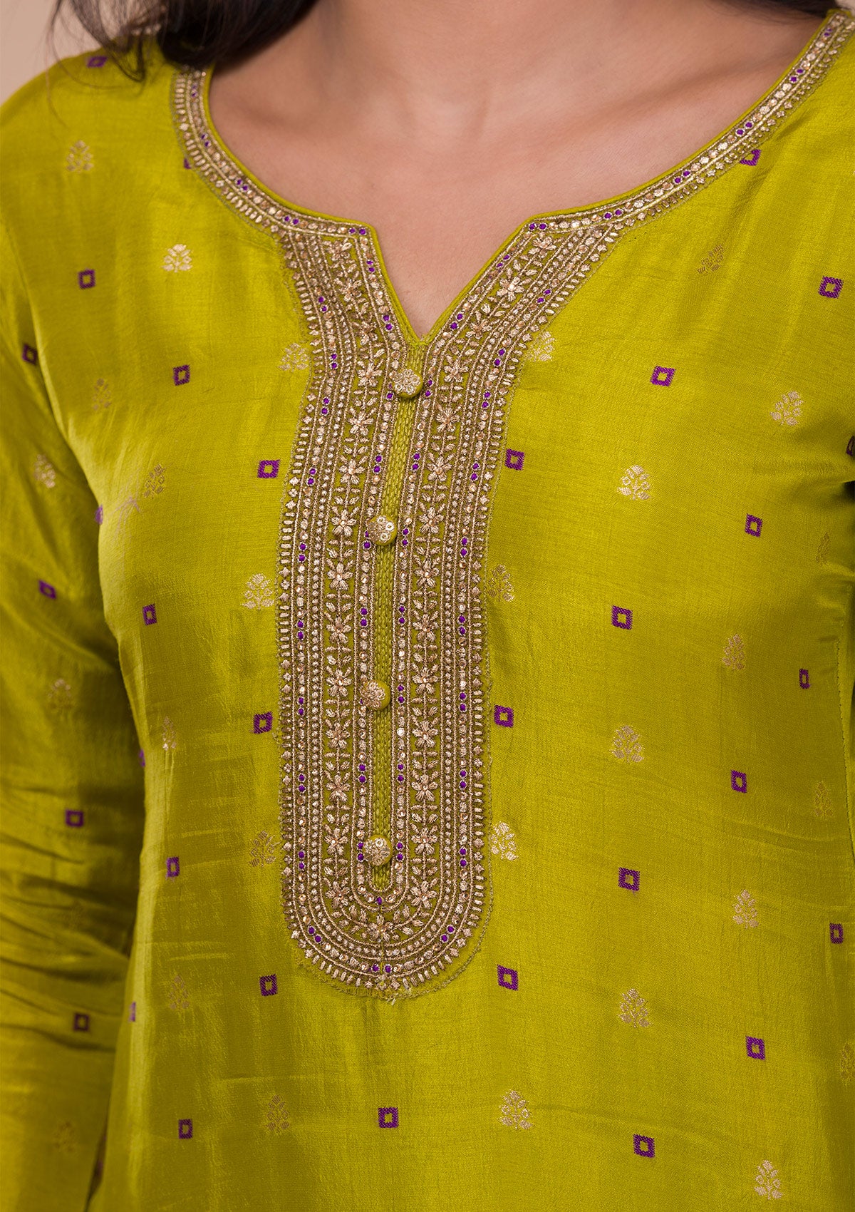 Parrot Green Zariwork Art Silk Readymade Salwar Suit