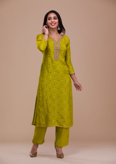 Parrot Green Zariwork Art Silk Readymade Salwar Suit
