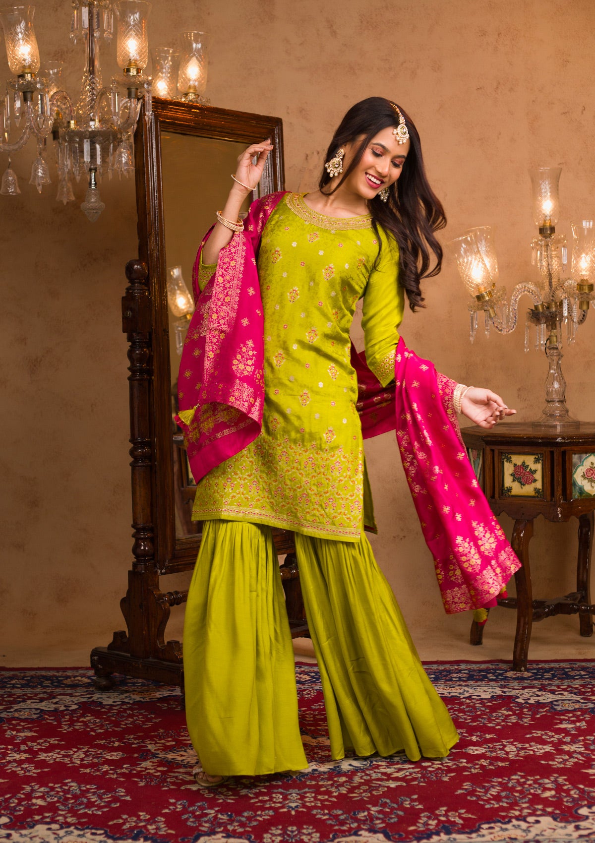 Parrot Green Zariwork Banarasi Readymade Sharara Suit