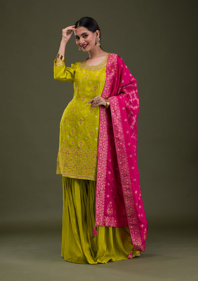 Parrot Green Zariwork Banarasi Readymade Sharara Suit