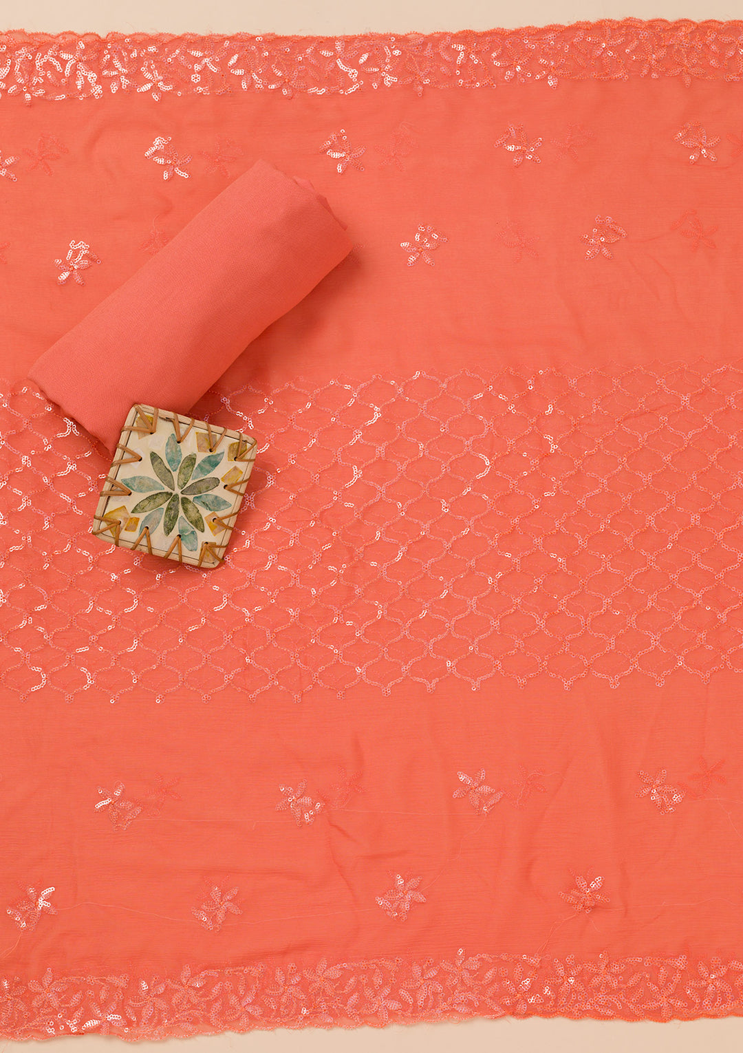 Orange Sequins Georgette Unstitched Salwar Suit