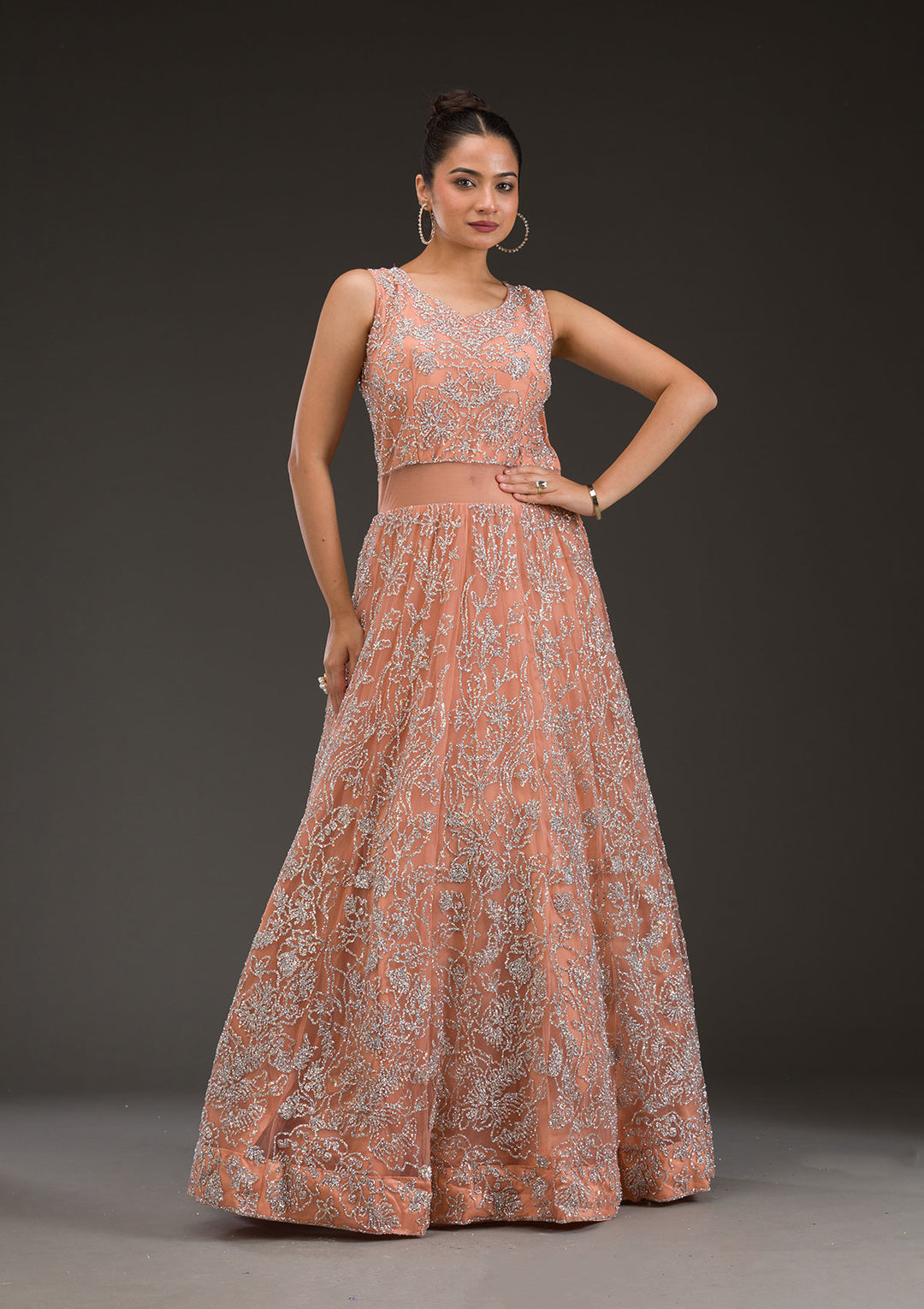 Peach Sequins Net Gown
