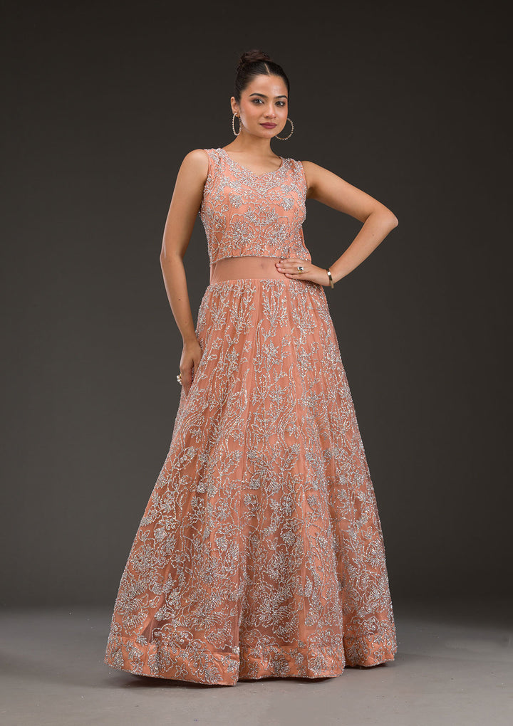 Peach Sequins Net Gown