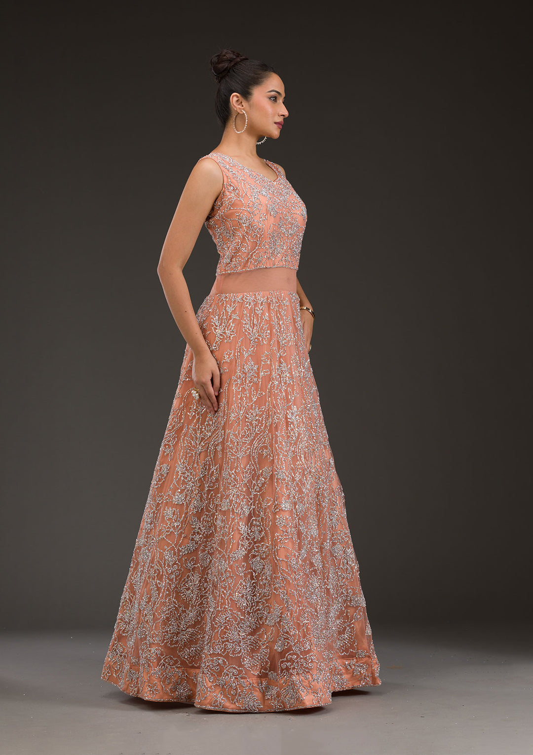 Peach Sequins Net Gown