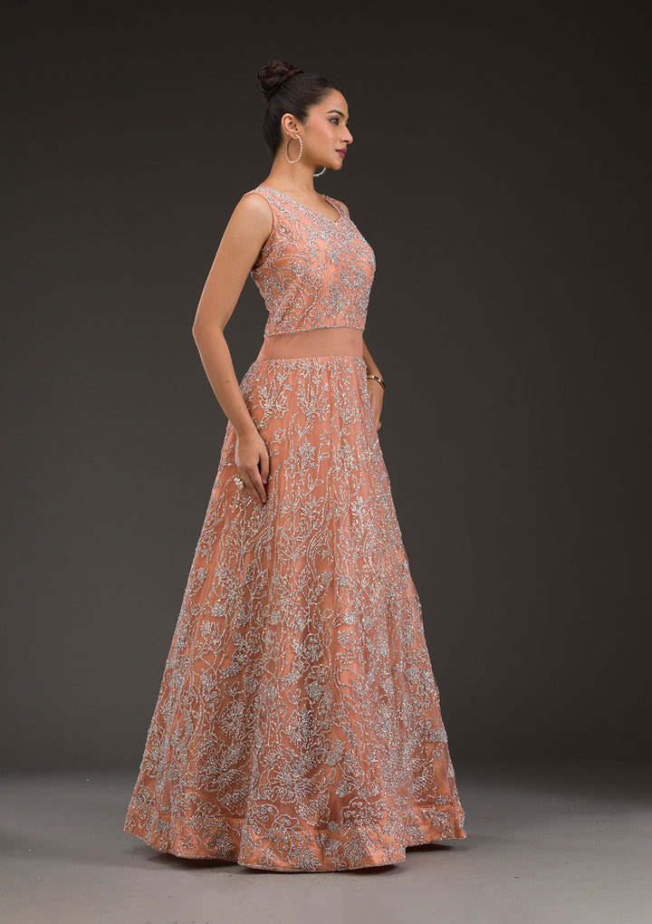 Peach Sequins Net Gown