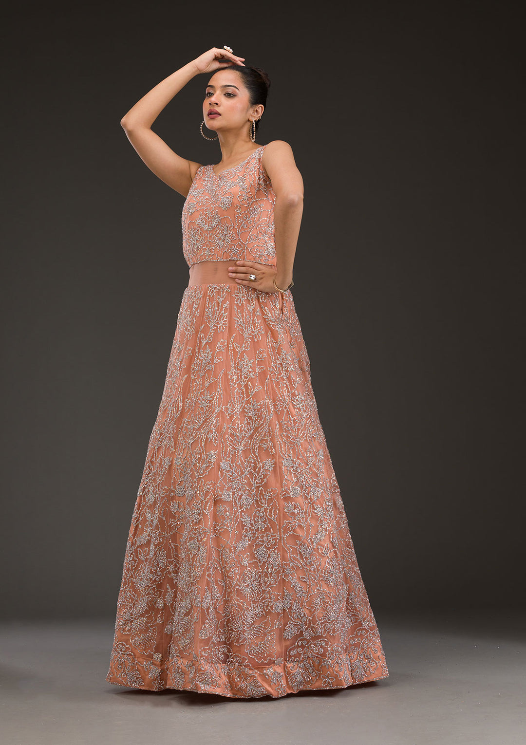 Peach Sequins Net Gown