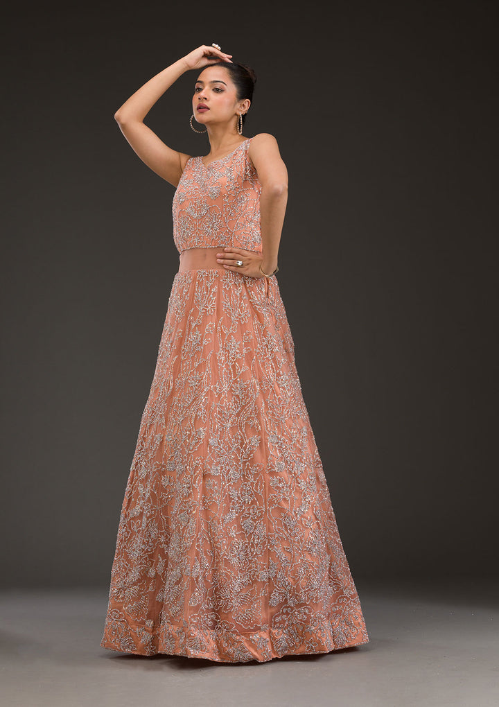 Peach Sequins Net Gown