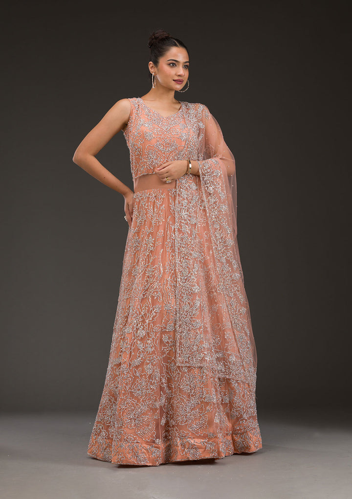 Peach Sequins Net Gown