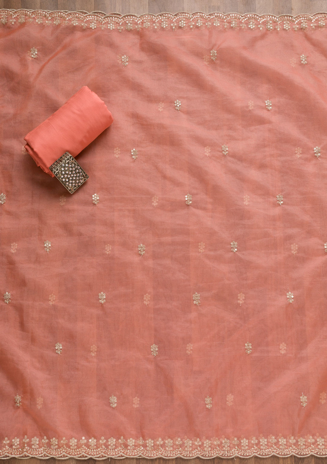Peach Sequins Organza Unstitched Salwar Suit