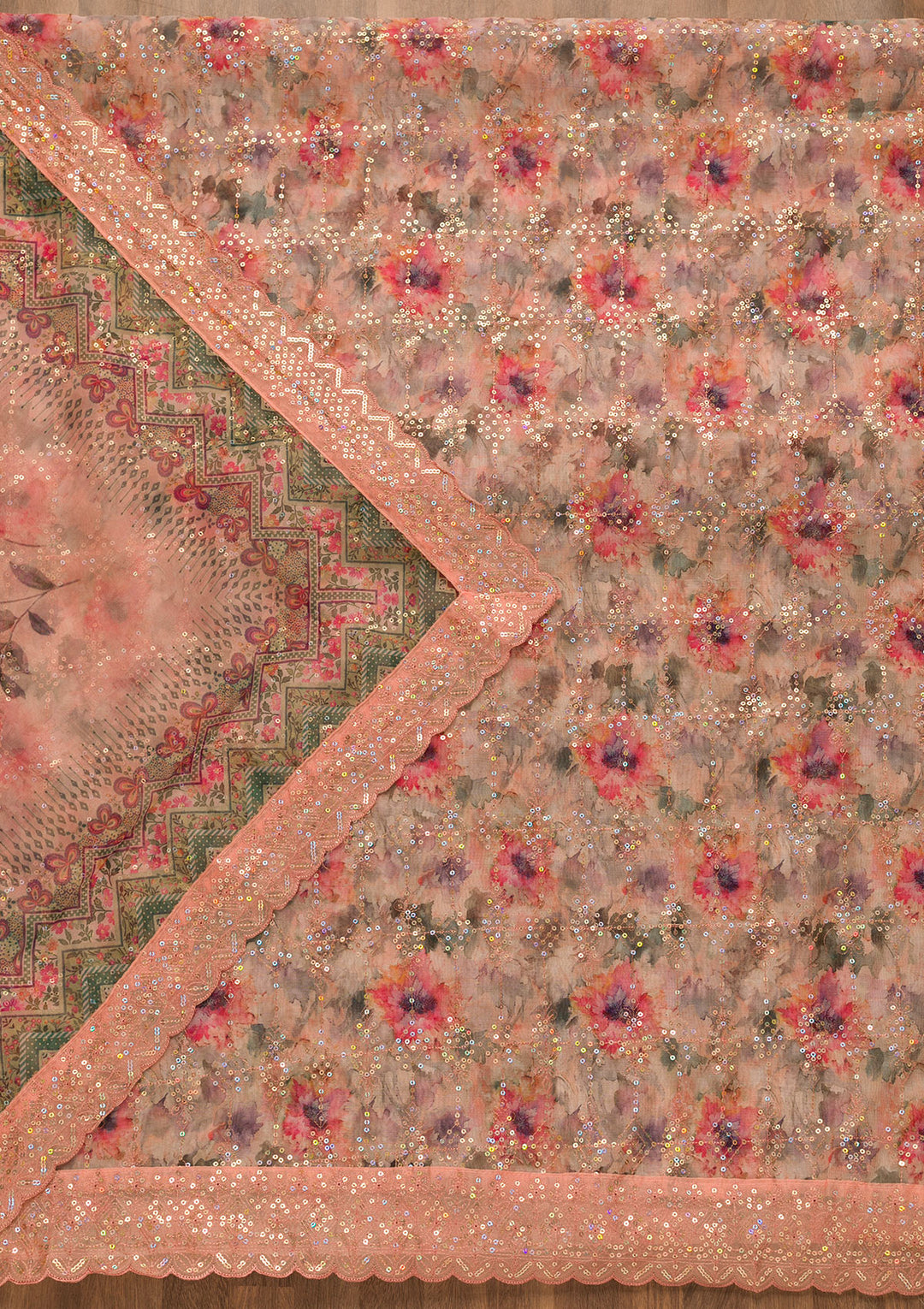 Peach Sequins Organza Unstitched Salwar Suit