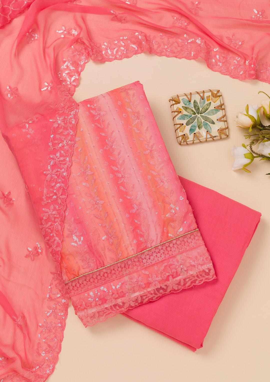 Peach Sequins Tissue Unstitched Salwar Suit