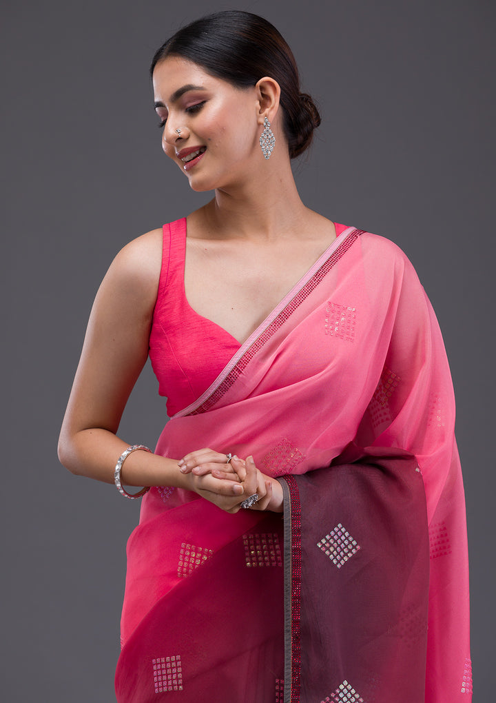 Peach Swarovski Satin Saree